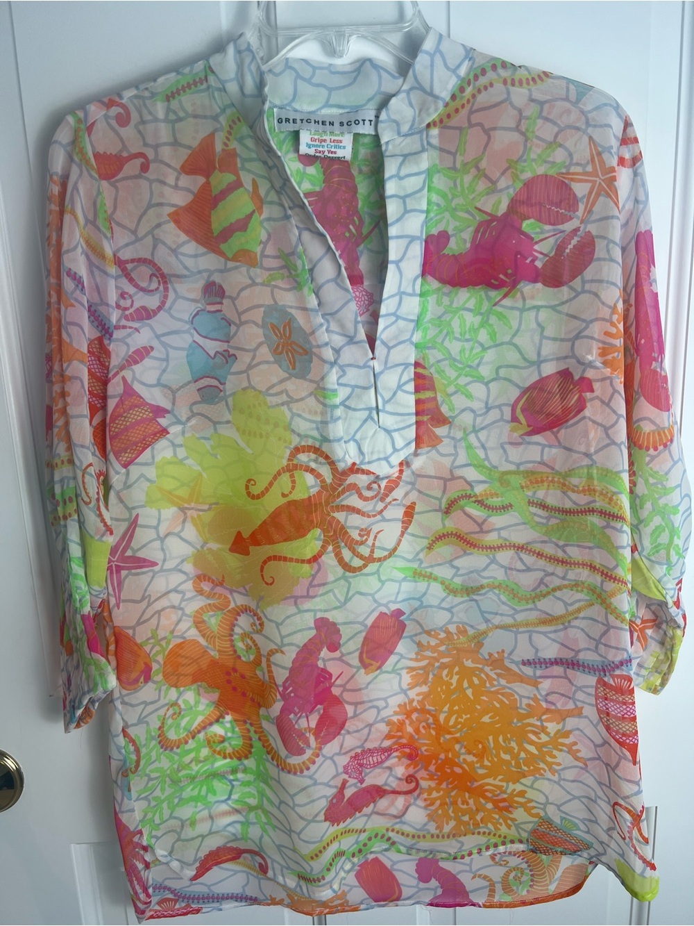 Gretchen Scott Bright Coral, Neon Pink & Lime Sheer Ocean Print Tunic